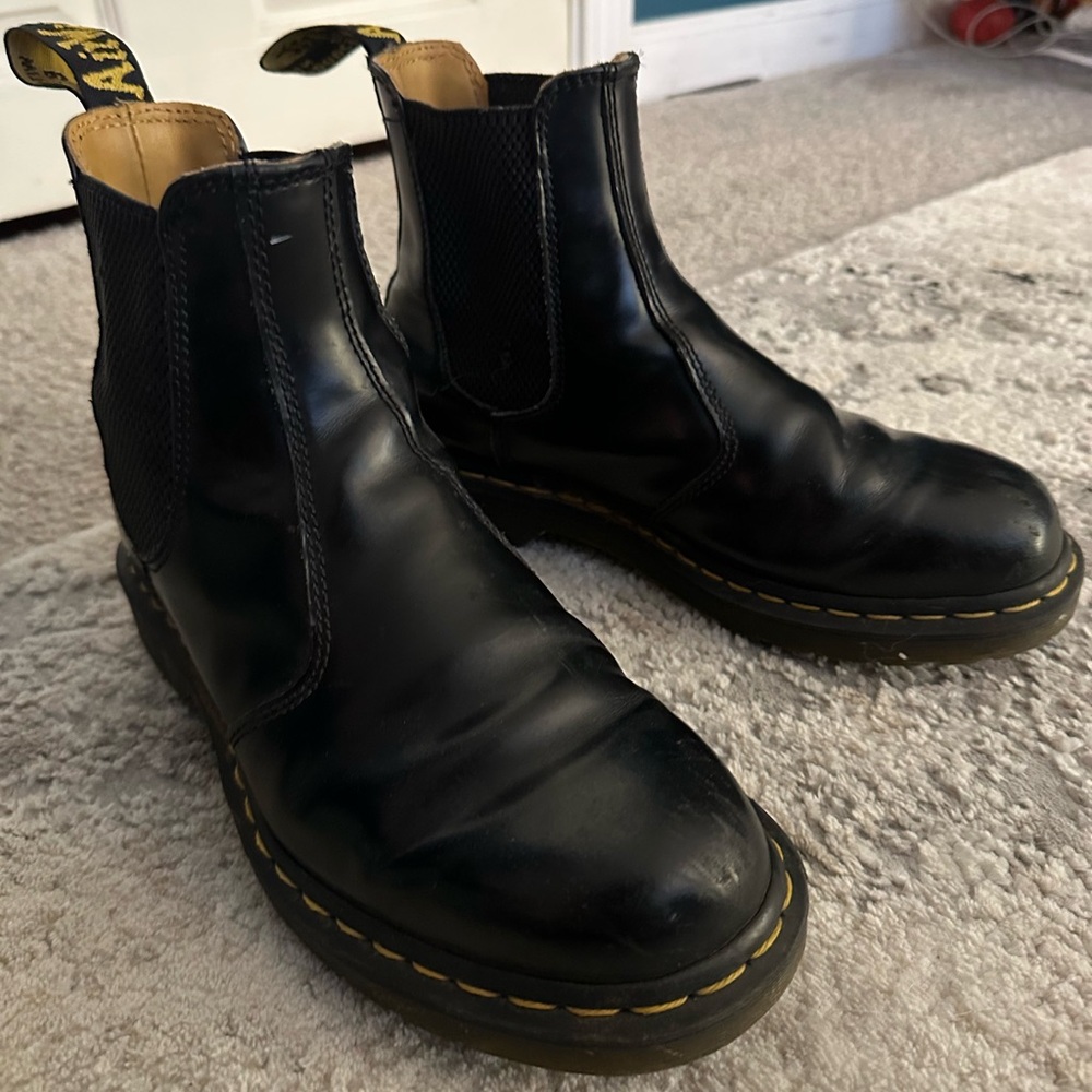 Dr. Martens Black Leather Chelsea Boots with Yellow Stitching